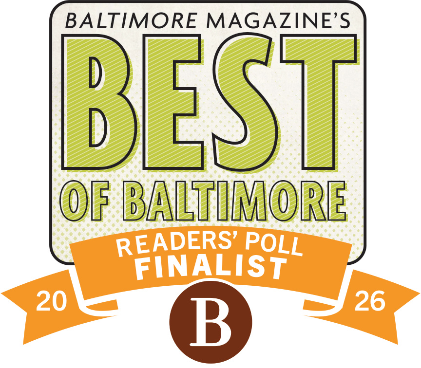 Baltimore Magazine's Best of Baltimore Readers' Poll Finalist badge with orange ribbons and a brown B emblem (2026).