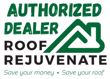 Logo for Authorized Dealer Roof Rejuvenate with a green roof icon and the slogan 'Save your money • Save your roof'.